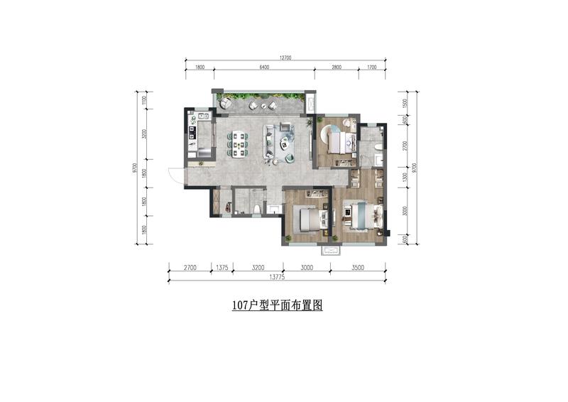 印江澜里1期b户型户型图,3室2厅2卫107.00平米- 成都