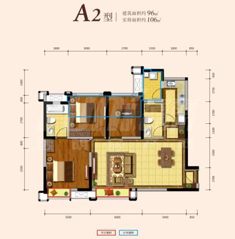 华润二十四城6期锦云府六期a2户型图,3室2厅2卫96.