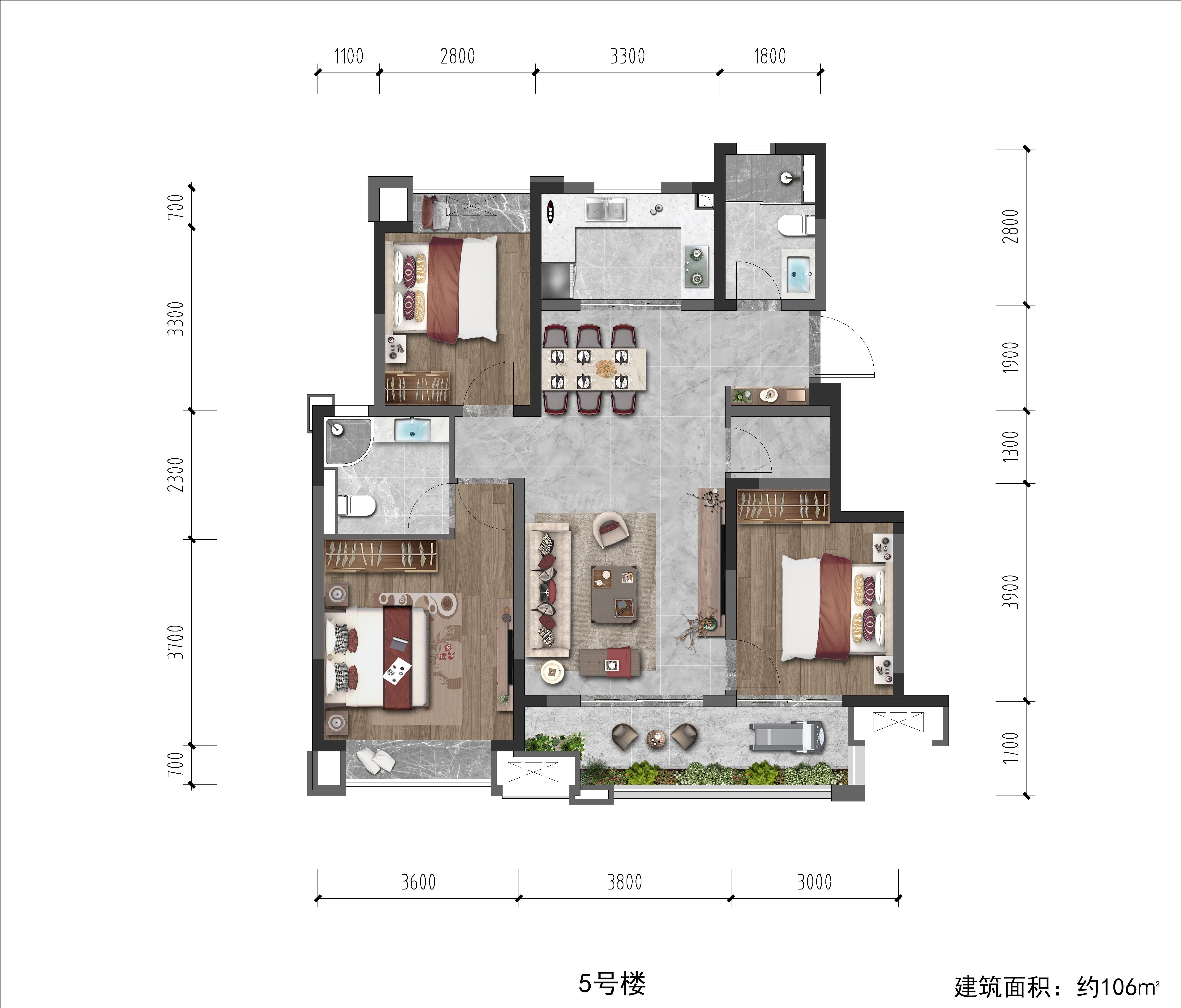 领地观江府1期d户型户型图,3室2厅2卫106.00平米