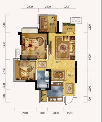 蓝润光华春天c1-3户型图,3室2厅1卫74.00平米- 成都透明房产网