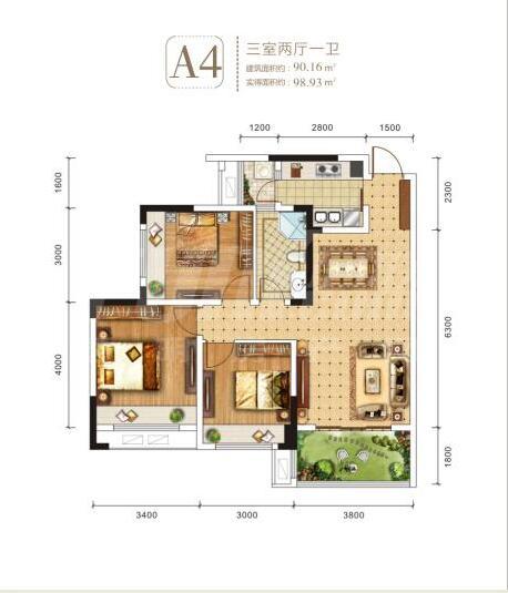 枫丹雅筑1期a4户型图,3室2厅1卫90.16平米- 成都透明