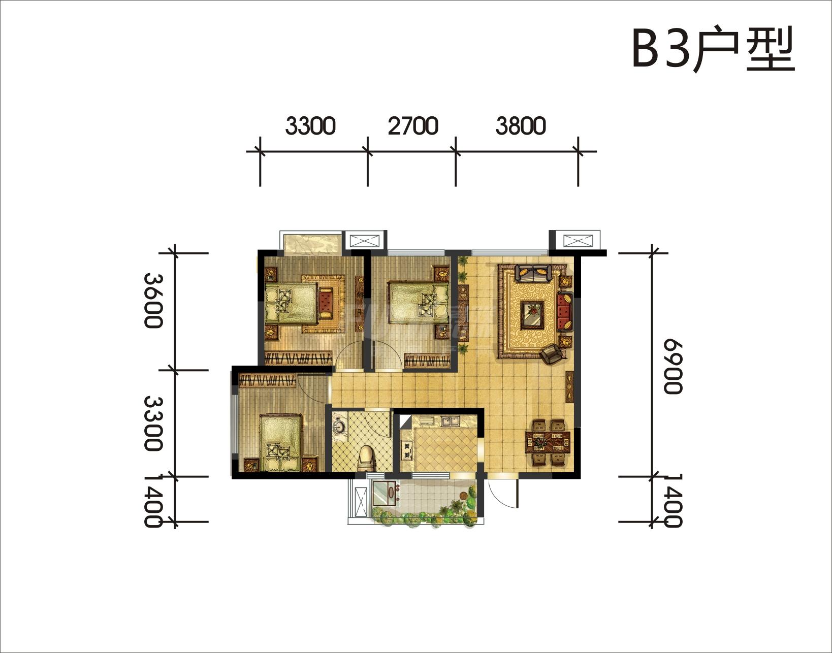 中铁瑞城西郡英华3期b3户型图,3室2厅1卫84.00平米 成都透明房产网