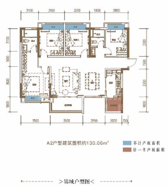 雅居乐锦城1期a2户型图,4室2厅2卫130.00平米 成都透明房产网