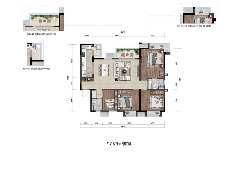 融侨悦蓉城1期a1户型住宅户型图,4室2厅2卫128.99平米