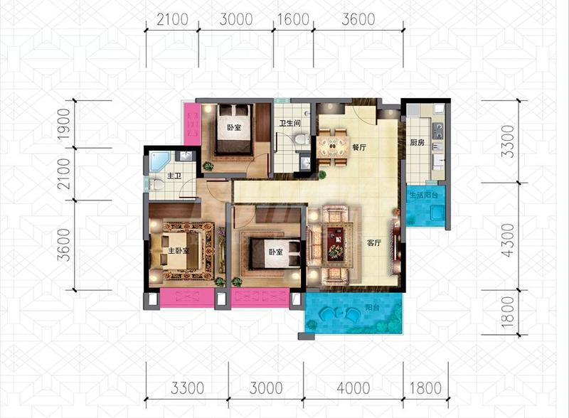 翡翠湾书院1期b3户型103.95户型图,3室2厅2卫103.95