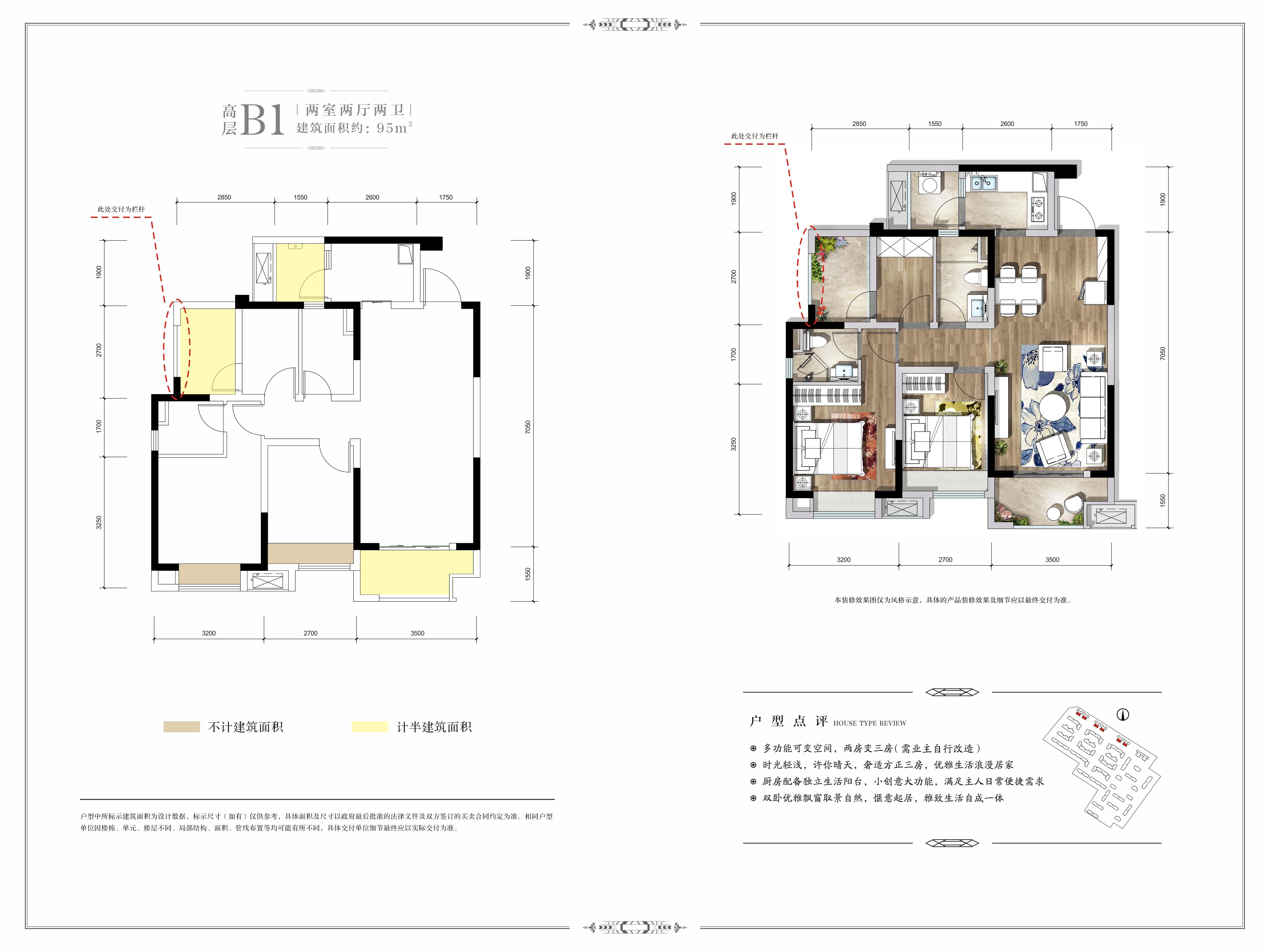 新城悦隽盛世城1期b1户型户型图,2室2厅2卫95.00平米