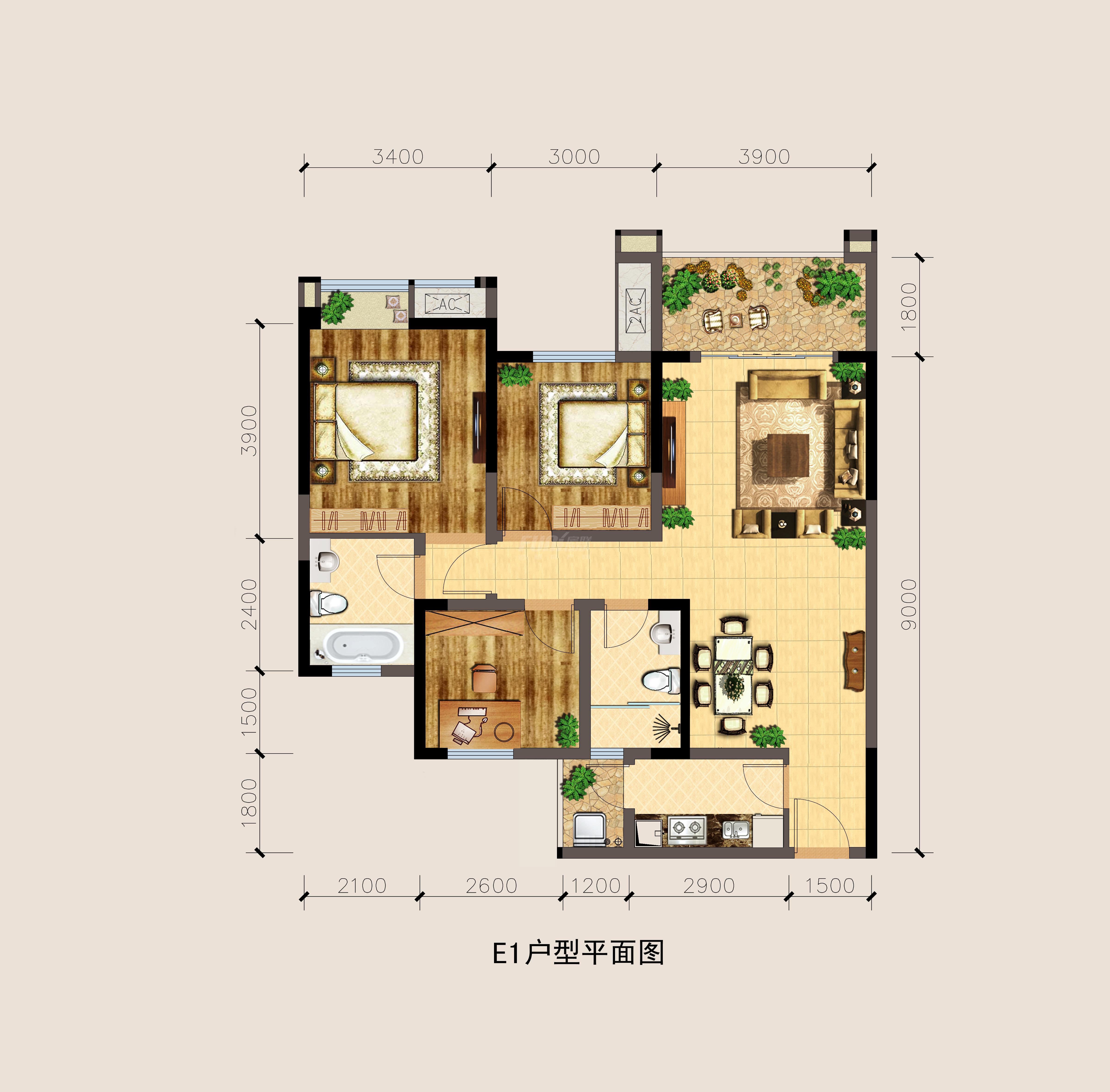 银海中心e1户型图,3室2厅2卫103.90平米- 成都透明房产网