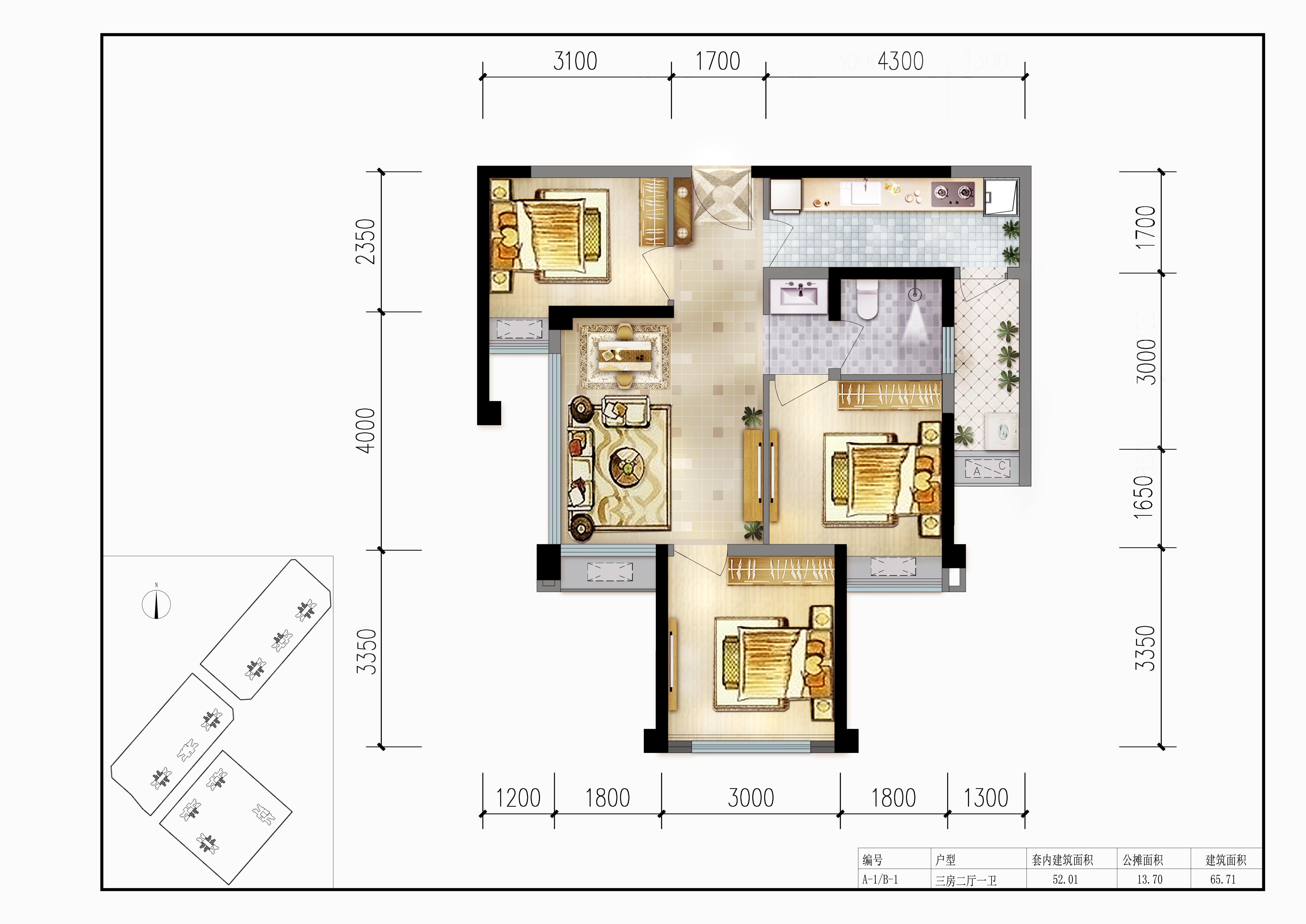 6万95平米现代三房装修效果图,清新小三室装修案例效果图-齐家装修网