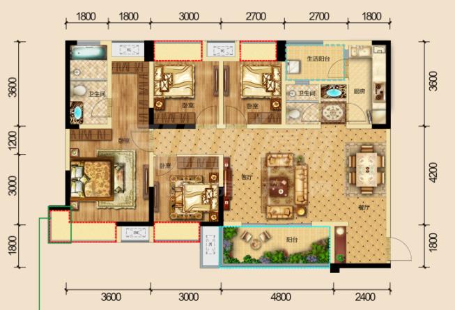 保利湖心岛gd-2户型图,4室2厅2卫128.00平米- 成都