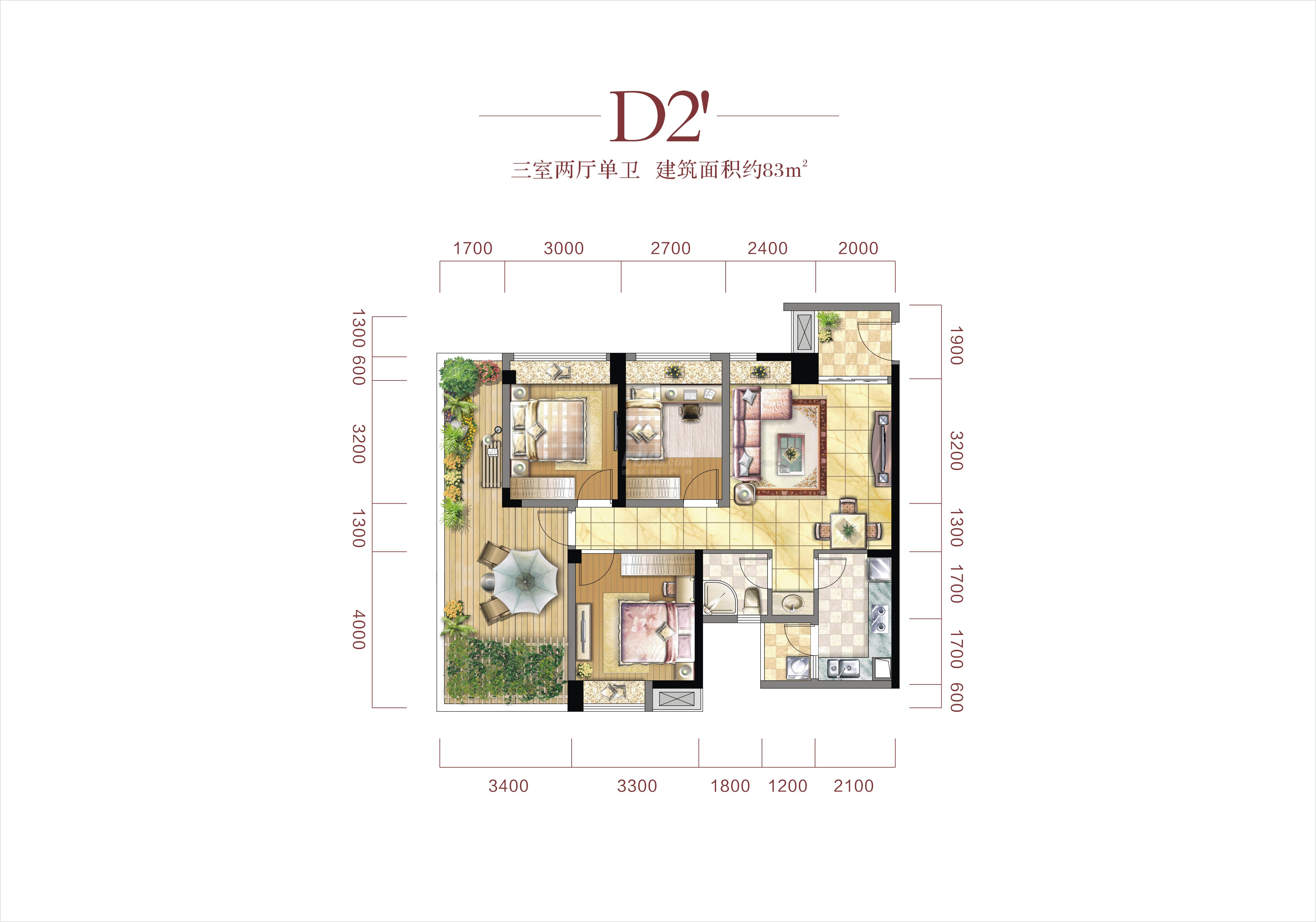 华侨城原岸原岸一期d2"户型图,3室2厅1卫83.00平米