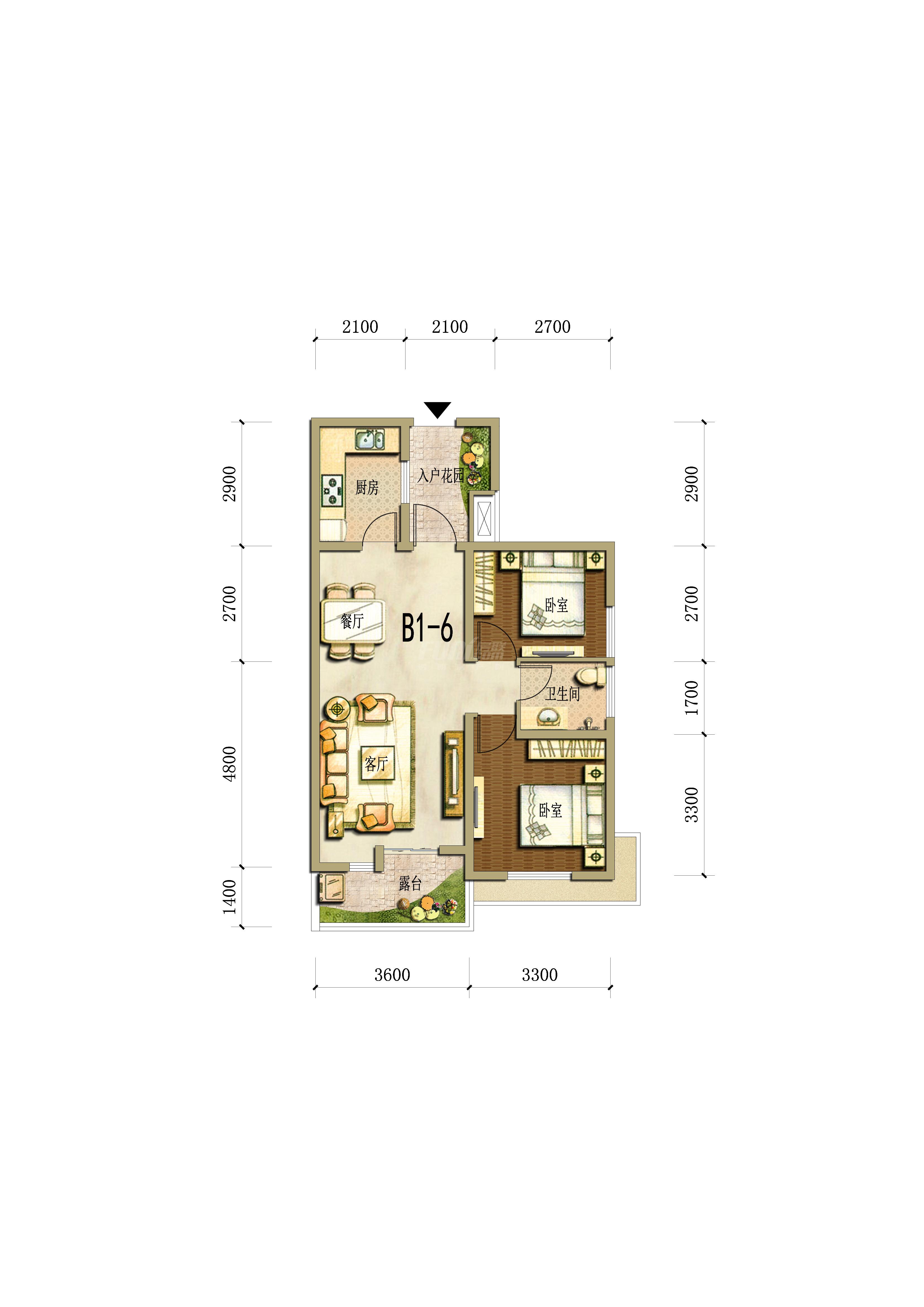 海德花园1号楼b1-6户型图,2室2厅1卫72.00平米- 成都