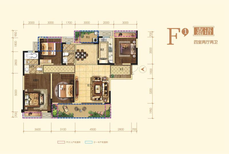 绿地新里城2期f1户型图,4室2厅2卫140.00平米- 成都