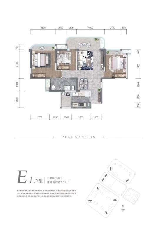 锦城峰荟e1户型图,3室2厅2卫102.00平米- 成都透明