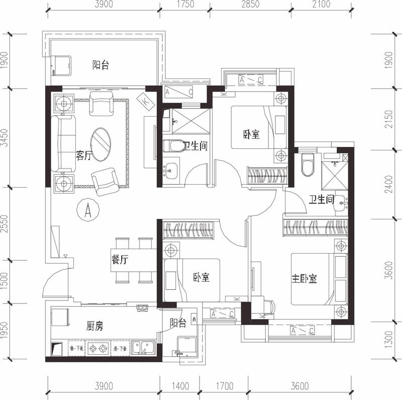 恒大西辰绿洲1期113㎡户型户型图,3室2厅2卫113.00