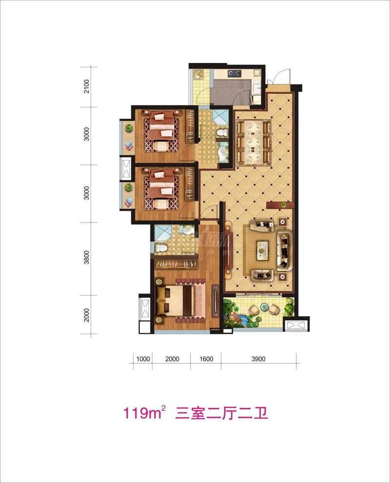 建工梧桐屿119三室二厅二卫户型图,3室2厅2卫119.00