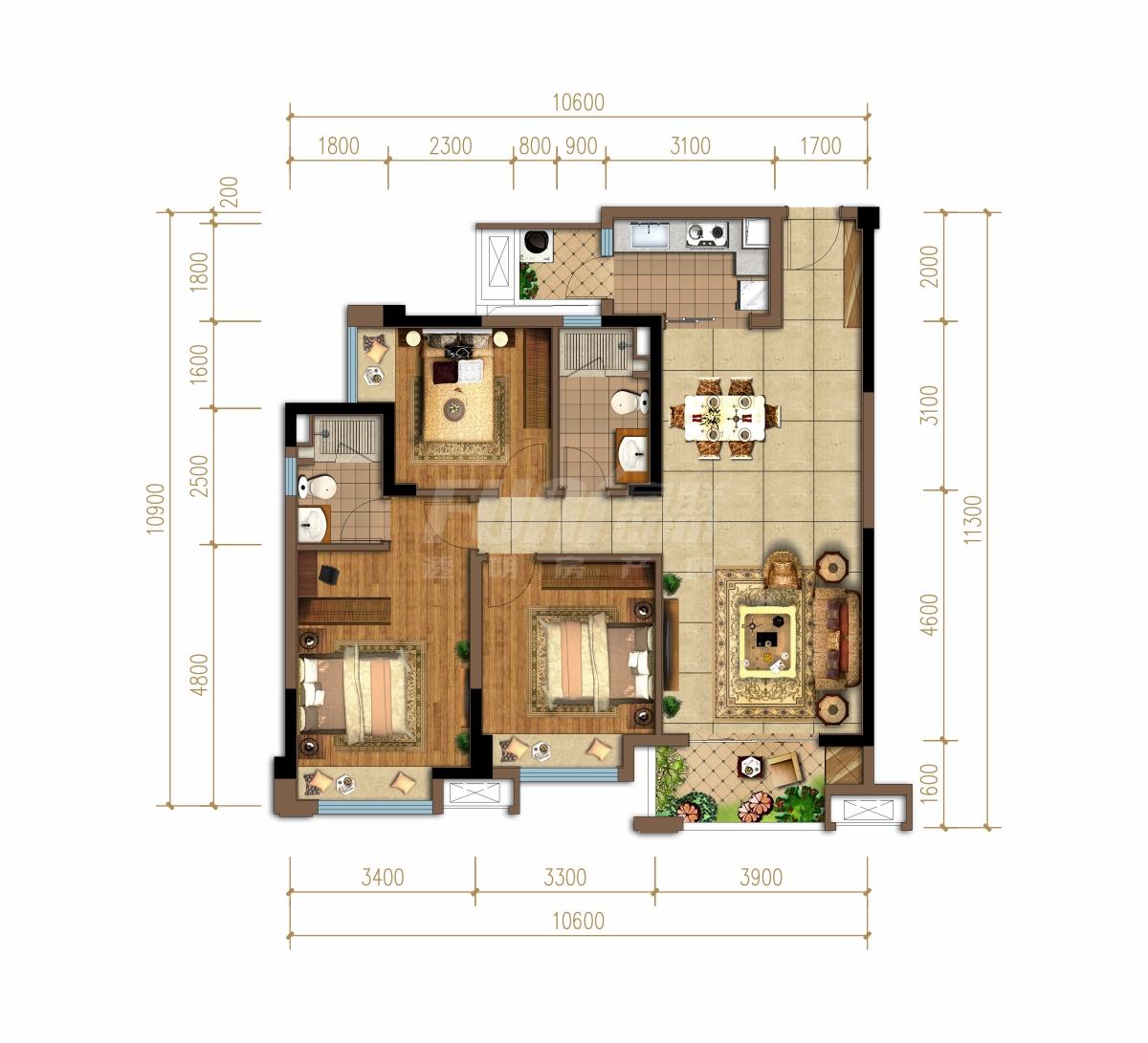 佳兆业悦府一期c1户型户型图,3室2厅2卫112.00平米