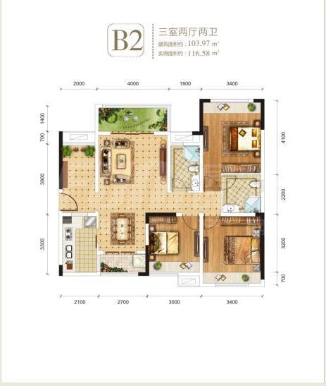 枫丹雅筑1期b2户型图,3室2厅2卫103.97平米- 成都透明