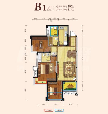 华润二十四城6期锦云府六期b1户型图,3室2厅2卫107.00