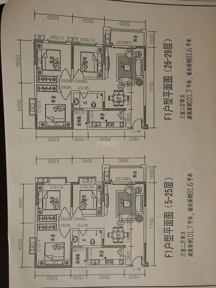 蓝色港湾二期2期户型图3户型图,3室2厅1卫103.76平米 成都透明房产网