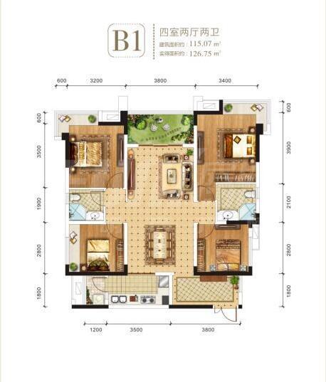 枫丹雅筑1期b1户型图,4室2厅2卫115.07平米 成都透明房产网