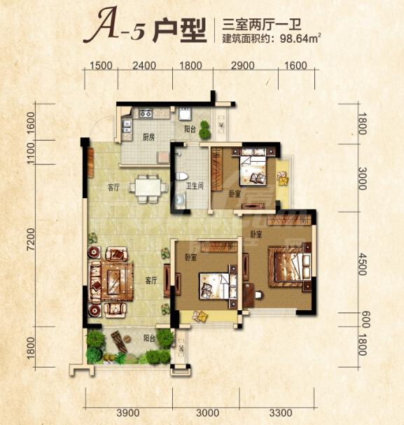 龙城国际四期四期a5户型图,3室2厅1卫98.00平米- 成都