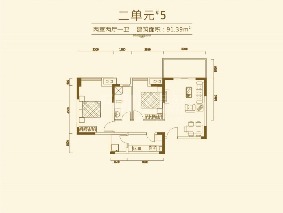 芙蓉花園城3期錦芙蓉91.39戶型圖,2室2廳1衛91.