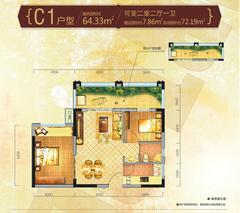新筑巴伦西亚鼎峰2室2厅1卫64.33平户型