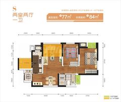 万科金色乐府2室2厅1卫77.00平户型