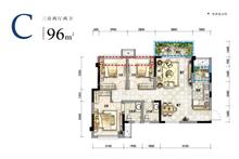 棠湖泊悦西江1期3室2厅2卫96.00平户型