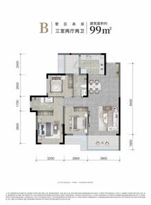 滨江玺樾小区1期3室2厅2卫99.00平户型