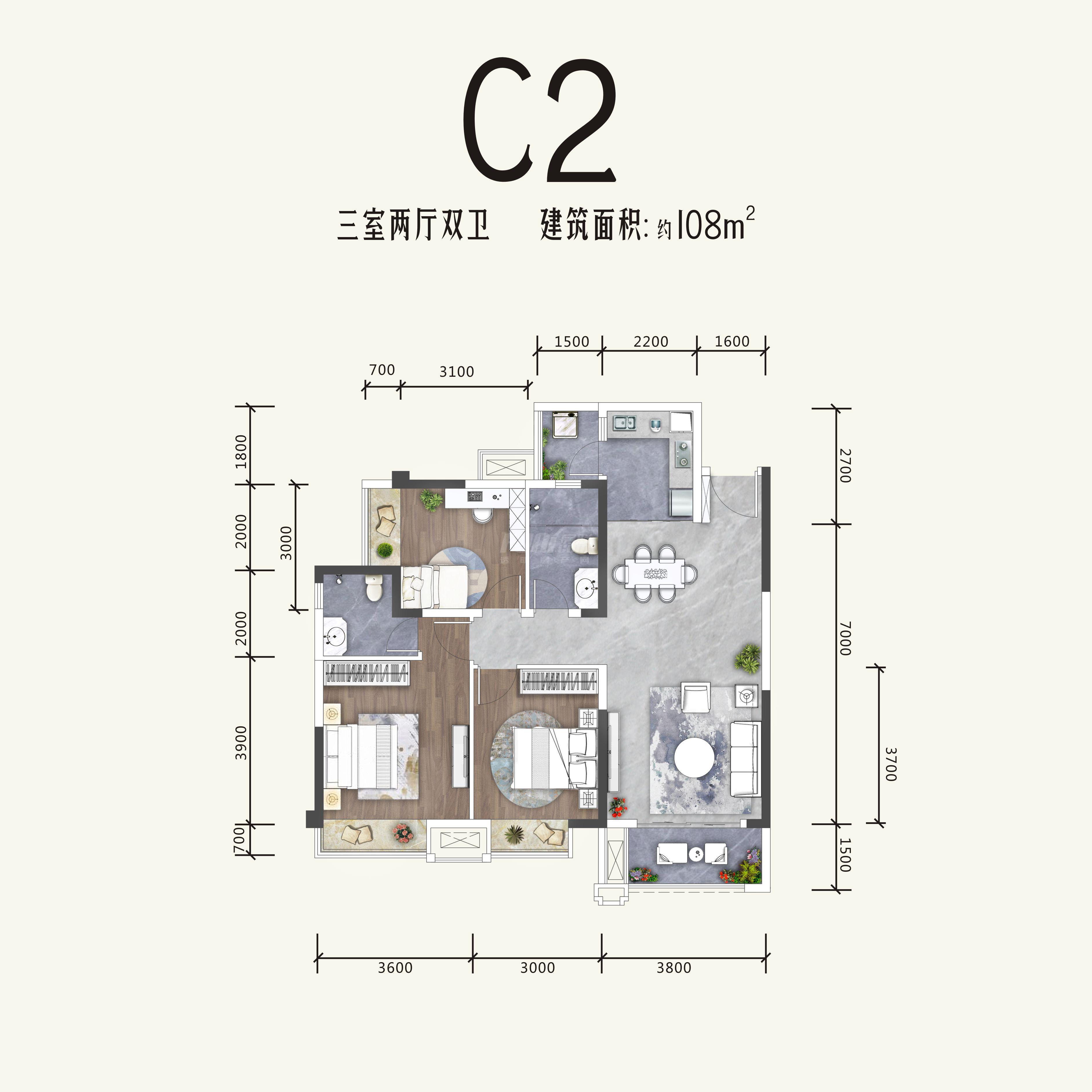 润扬观澜鹭岛名邸名邸7号楼c2户型户型图,3室2厅2卫108.