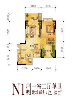 香居山水1室2厅1卫74.08平户型