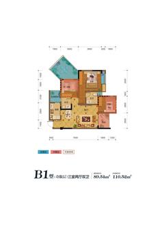 盛源学府名城3室2厅2卫89.54平户型