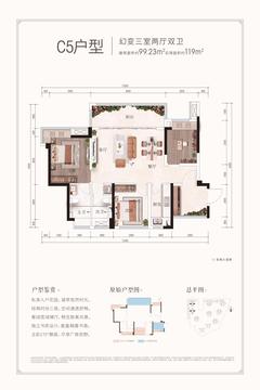 深业北岸城1期3室2厅2卫99.23平户型