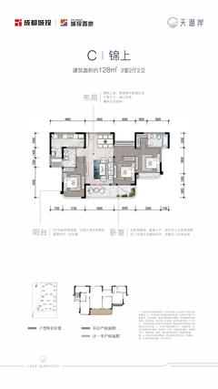 天湖岸花园1期3室2厅2卫128.00平户型