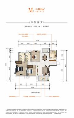 派城西樾小区1期3室2厅2卫101.16平户型