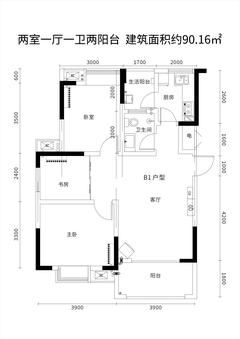 水岸明珠小区1期2室1厅1卫90.56平户型