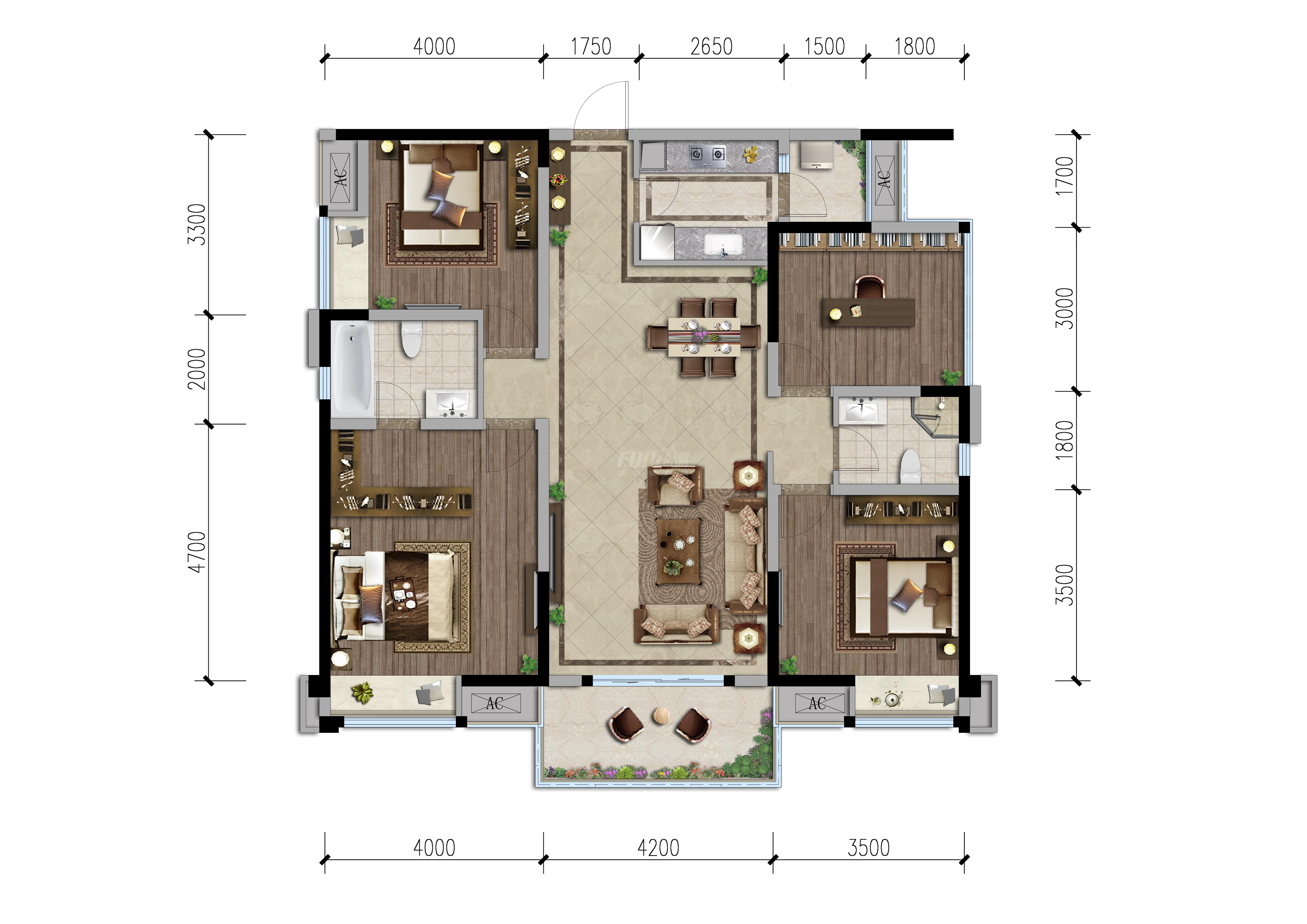 廣匯御園(一期)1期b3 戶型戶型圖,4室2廳2衛135.