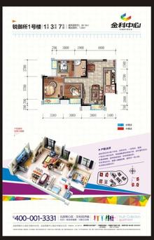 金科中心3室2厅1卫88.19平户型