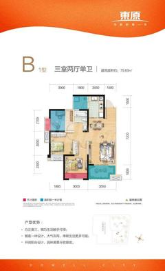 东原西岸3室2厅1卫79.20平户型