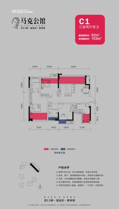 马克公馆3室2厅2卫92.00平户型