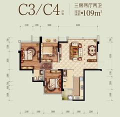 奥园棠玥府小区1期3室2厅2卫109.00平户型