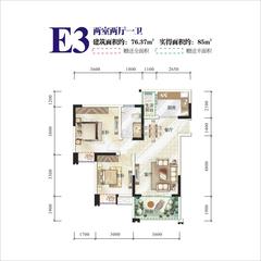 通瑞月光湖2室2厅1卫76.00平户型