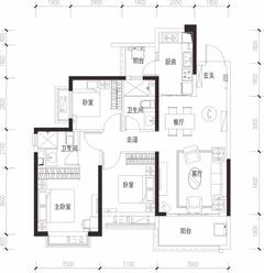 恒大西辰绿洲1期3室2厅2卫109.00平户型