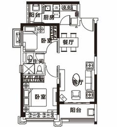 恒大曹家巷广场2室2厅1卫64.81平户型
