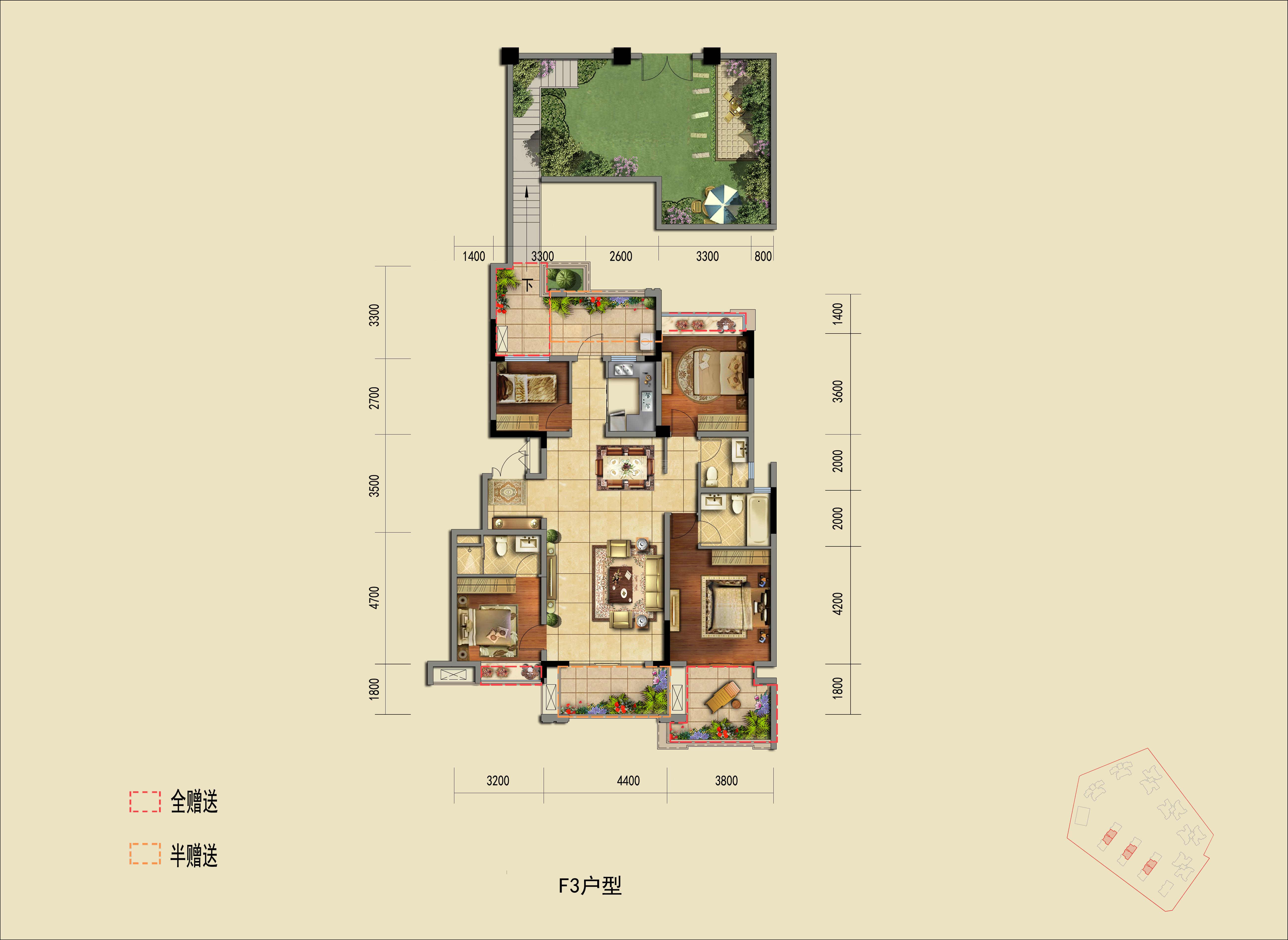 蓝光兰亭悦府1期洋房二层中间户型图,4室2厅3卫140.