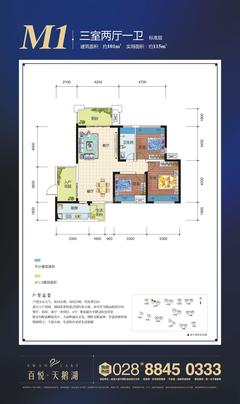 百悦城百悦天鹅湖3室2厅1卫101.00平户型