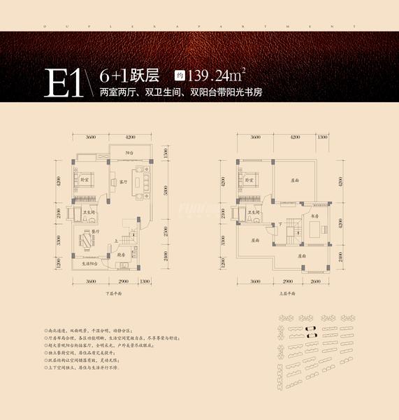 山水四季城6+1顶跃户型图E1型两室两厅双卫双阳台带阳光书房139点24平米.jpg
