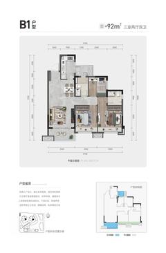 国锐青悦荟1期3室2厅2卫92.00平户型