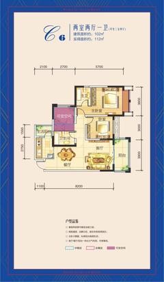 天赋龙庭2室2厅2卫102.28平户型